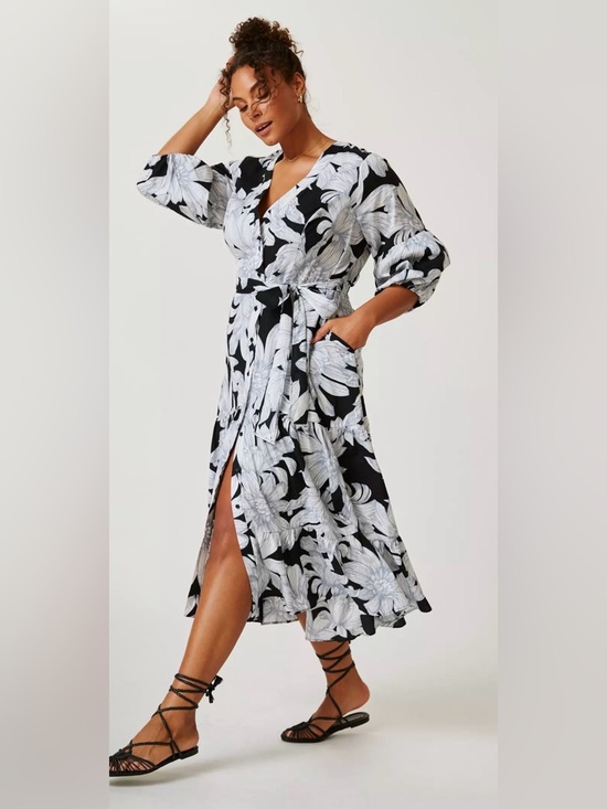Anthropologie Dresses & Skirts - Maeve Anthropologie Floral Midi Dress Size 12 Black White Wrap Tiered NWOT Boho
